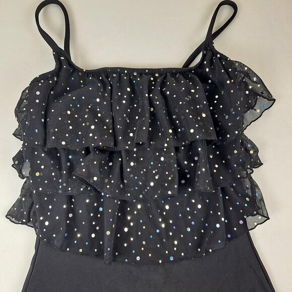 Longitude Size 10 One Piece Swimsuit Black Ruffled Top Sequins Slimming - Picture 3 of 15